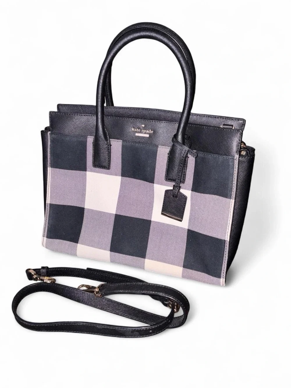 kate spade Black, Gray and White Plaid Satchel with Detachable Strap